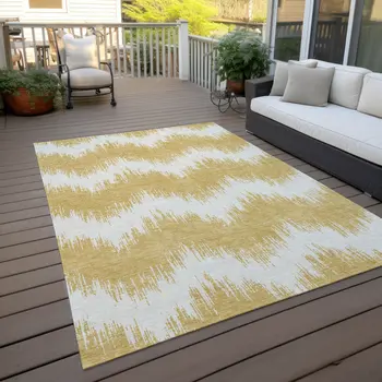8' X 10' Gold And Ivory Chevron Washable Indoor Outdoor Area Rug