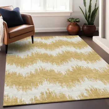8' X 10' Gold And Ivory Chevron Washable Indoor Outdoor Area Rug