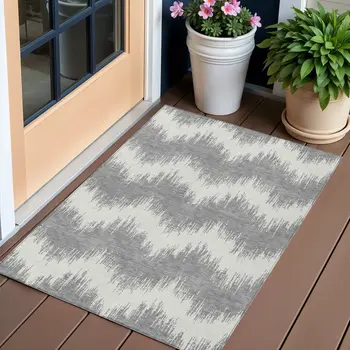 3' X 5' Gray And Ivory Chevron Washable Indoor Outdoor Area Rug
