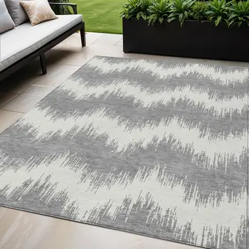 5' X 8' Gray And Ivory Chevron Washable Indoor Outdoor Area Rug
