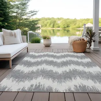 5' X 8' Gray And Ivory Chevron Washable Indoor Outdoor Area Rug