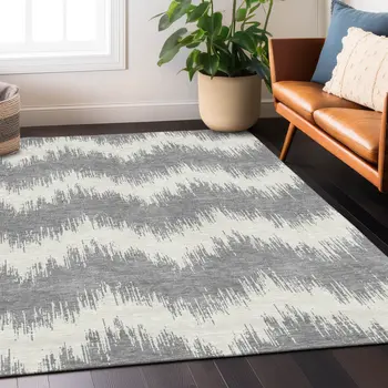5' X 8' Gray And Ivory Chevron Washable Indoor Outdoor Area Rug