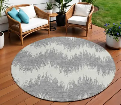 8' Gray And Ivory Round Chevron Washable Indoor Outdoor Area Rug
