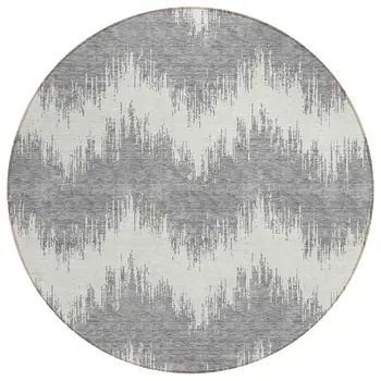8' Gray And Ivory Round Chevron Washable Indoor Outdoor Area Rug