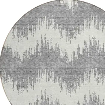 8' Gray And Ivory Round Chevron Washable Indoor Outdoor Area Rug