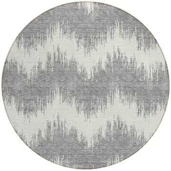8' Gray And Ivory Round Chevron Washable Indoor Outdoor Area Rug