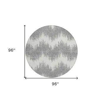 8' Gray And Ivory Round Chevron Washable Indoor Outdoor Area Rug