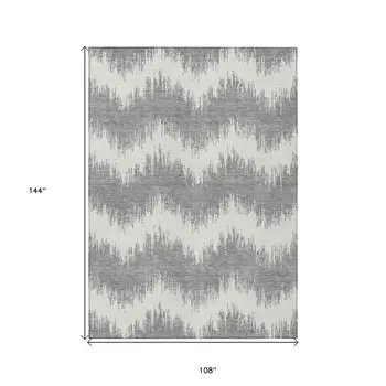 9' X 12' Gray And Ivory Chevron Washable Indoor Outdoor Area Rug