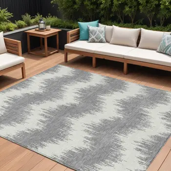 10' X 14' Gray And Ivory Chevron Washable Indoor Outdoor Area Rug