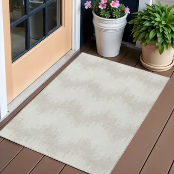 3' X 5' Ivory And Beige Chevron Washable Indoor Outdoor Area Rug