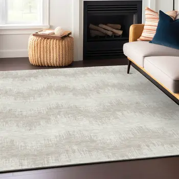 10' X 14' Ivory And Beige Chevron Washable Indoor Outdoor Area Rug