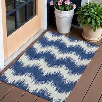 3' X 5' Navy Blue And Ivory Chevron Washable Indoor Outdoor Area Rug