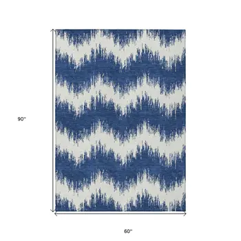 5' X 8' Navy Blue And Ivory Chevron Washable Indoor Outdoor Area Rug