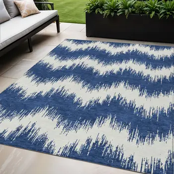 5' X 8' Navy Blue And Ivory Chevron Washable Indoor Outdoor Area Rug