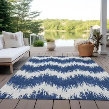 5' X 8' Navy Blue And Ivory Chevron Washable Indoor Outdoor Area Rug