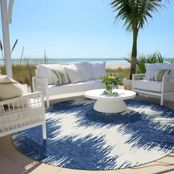 8' Navy Blue And Ivory Round Chevron Washable Indoor Outdoor Area Rug