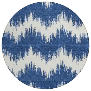 8' Navy Blue And Ivory Round Chevron Washable Indoor Outdoor Area Rug