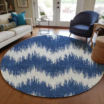 8' Navy Blue And Ivory Round Chevron Washable Indoor Outdoor Area Rug