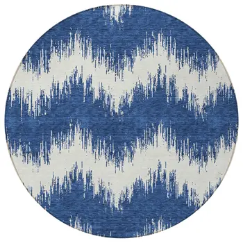 8' Navy Blue And Ivory Round Chevron Washable Indoor Outdoor Area Rug
