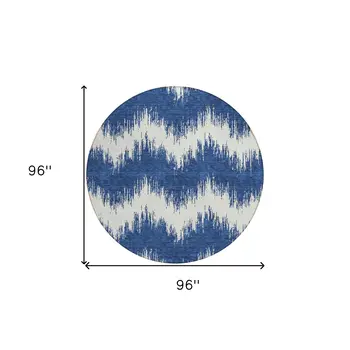 8' Navy Blue And Ivory Round Chevron Washable Indoor Outdoor Area Rug