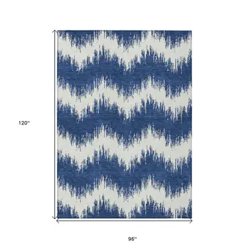8' X 10' Navy Blue And Ivory Chevron Washable Indoor Outdoor Area Rug