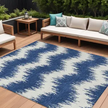 8' X 10' Navy Blue And Ivory Chevron Washable Indoor Outdoor Area Rug