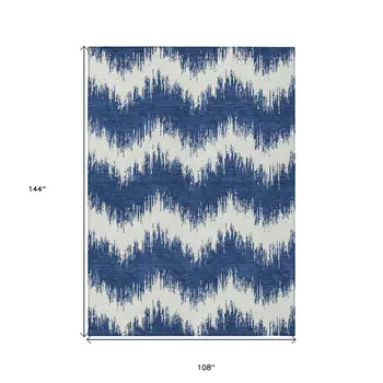 9' X 12' Navy Blue And Ivory Chevron Washable Indoor Outdoor Area Rug