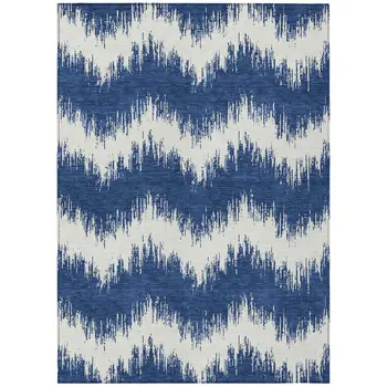 9' X 12' Navy Blue And Ivory Chevron Washable Indoor Outdoor Area Rug