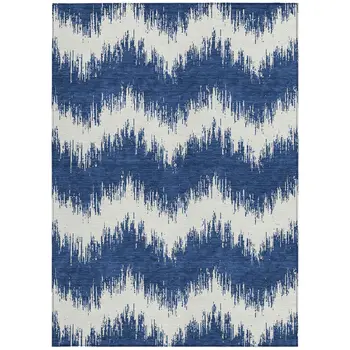 10' X 14' Navy Blue And Ivory Chevron Washable Indoor Outdoor Area Rug