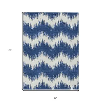 10' X 14' Navy Blue And Ivory Chevron Washable Indoor Outdoor Area Rug