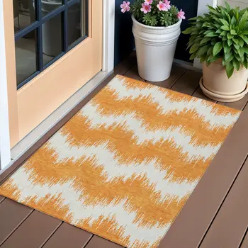 3' X 5' Orange And Ivory Chevron Washable Indoor Outdoor Area Rug