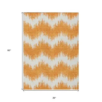 3' X 5' Orange And Ivory Chevron Washable Indoor Outdoor Area Rug