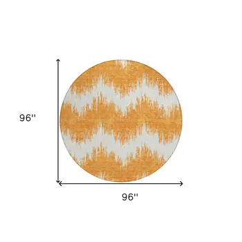 8' Orange And Ivory Round Chevron Washable Indoor Outdoor Area Rug