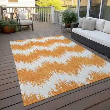 8' X 10' Orange And Ivory Chevron Washable Indoor Outdoor Area Rug