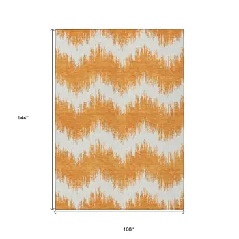 9' X 12' Orange And Ivory Chevron Washable Indoor Outdoor Area Rug