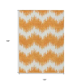 10' X 14' Orange And Ivory Chevron Washable Indoor Outdoor Area Rug
