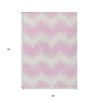 3' X 5' Pink And Ivory Chevron Washable Indoor Outdoor Area Rug
