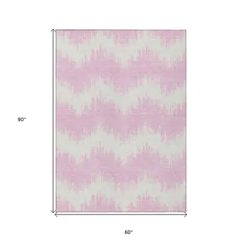 5' X 8' Pink And Ivory Chevron Washable Indoor Outdoor Area Rug
