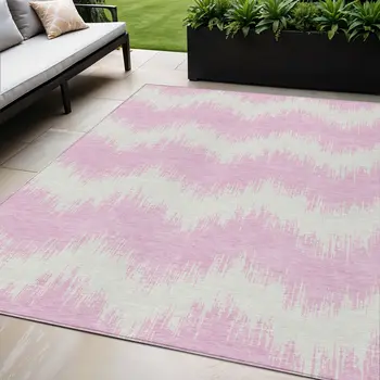 5' X 8' Pink And Ivory Chevron Washable Indoor Outdoor Area Rug