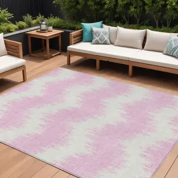 8' X 10' Pink And Ivory Chevron Washable Indoor Outdoor Area Rug