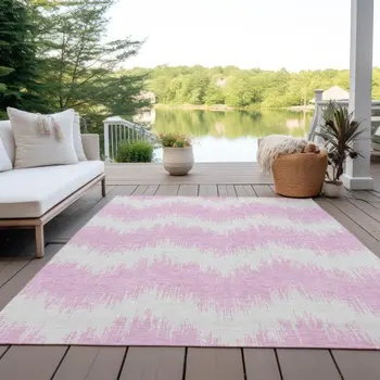 8' X 10' Pink And Ivory Chevron Washable Indoor Outdoor Area Rug