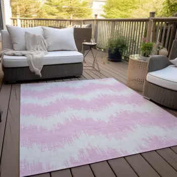 8' X 10' Pink And Ivory Chevron Washable Indoor Outdoor Area Rug
