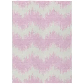 10' X 14' Pink And Ivory Chevron Washable Indoor Outdoor Area Rug