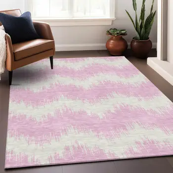10' X 14' Pink And Ivory Chevron Washable Indoor Outdoor Area Rug