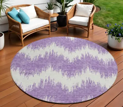 8' Purple And Ivory Round Chevron Washable Indoor Outdoor Area Rug