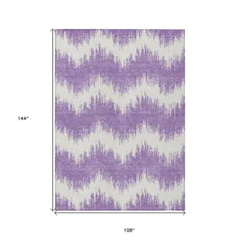 9' X 12' Purple And Ivory Chevron Washable Indoor Outdoor Area Rug