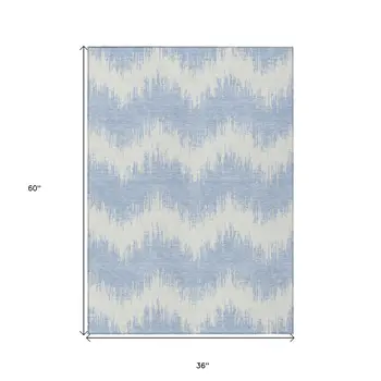 3' X 5' Sky Blue And Ivory Chevron Washable Indoor Outdoor Area Rug