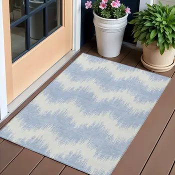 3' X 5' Sky Blue And Ivory Chevron Washable Indoor Outdoor Area Rug
