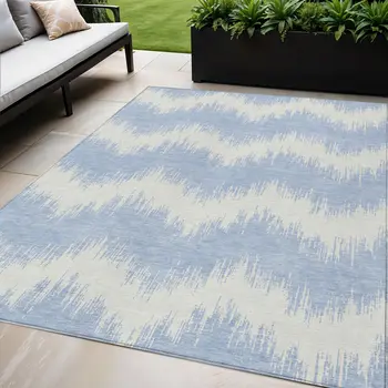 5' X 8' Sky Blue And Ivory Chevron Washable Indoor Outdoor Area Rug
