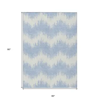 5' X 8' Sky Blue And Ivory Chevron Washable Indoor Outdoor Area Rug